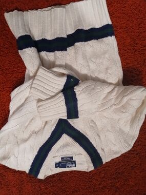 Polo by Ralph Lauren White Cable-Knit V-Neck Sweater with Navy & Green Trim